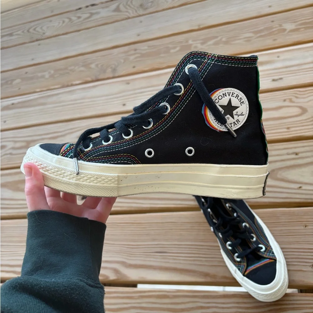 Converse Layered Pride Sneakers - Black High-Tops with Rainbow Stitching - Picture 4 of 6